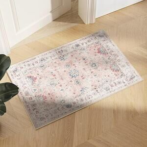 Eleisa 2x3 Washable Entry Rug, Non-Slip, Pink/Blue Low Pile Mat for Bedroom